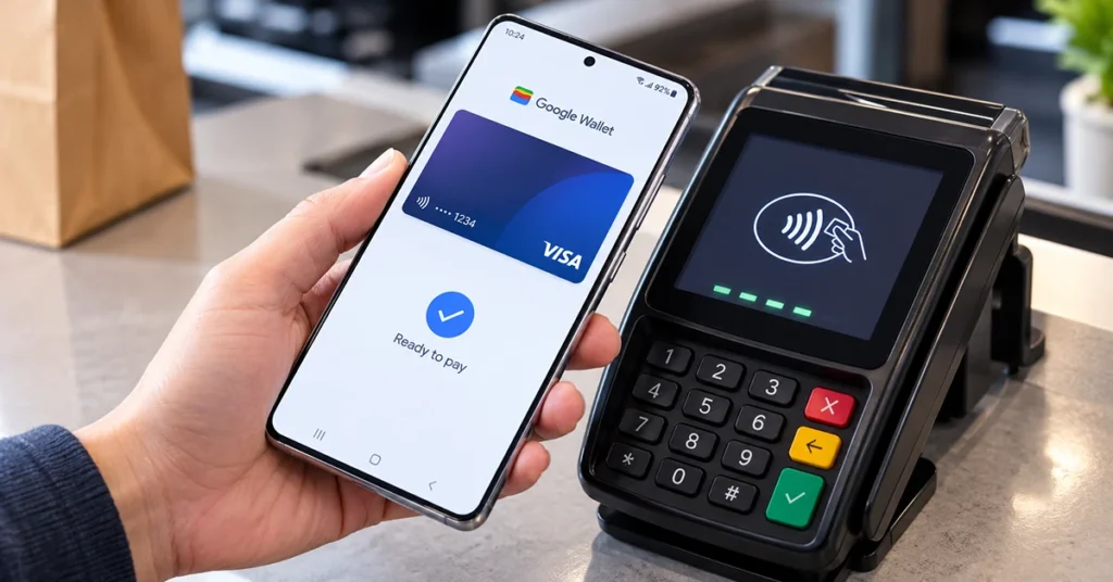 Galaxy S26 using Google Wallet to complete a contactless payment at a store terminal