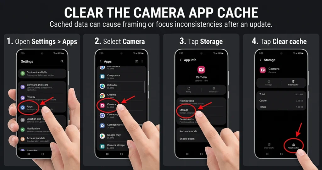 Clear cache button for Camera app in Galaxy S26 App settings