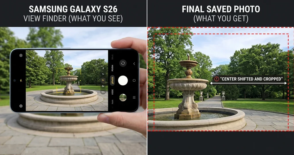 Galaxy S26 camera showing cropped photo compared to viewfinder