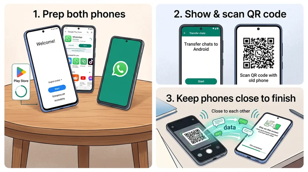 Two Android phones displaying WhatsApp’s Transfer chats QR code during migration to a Galaxy S26.