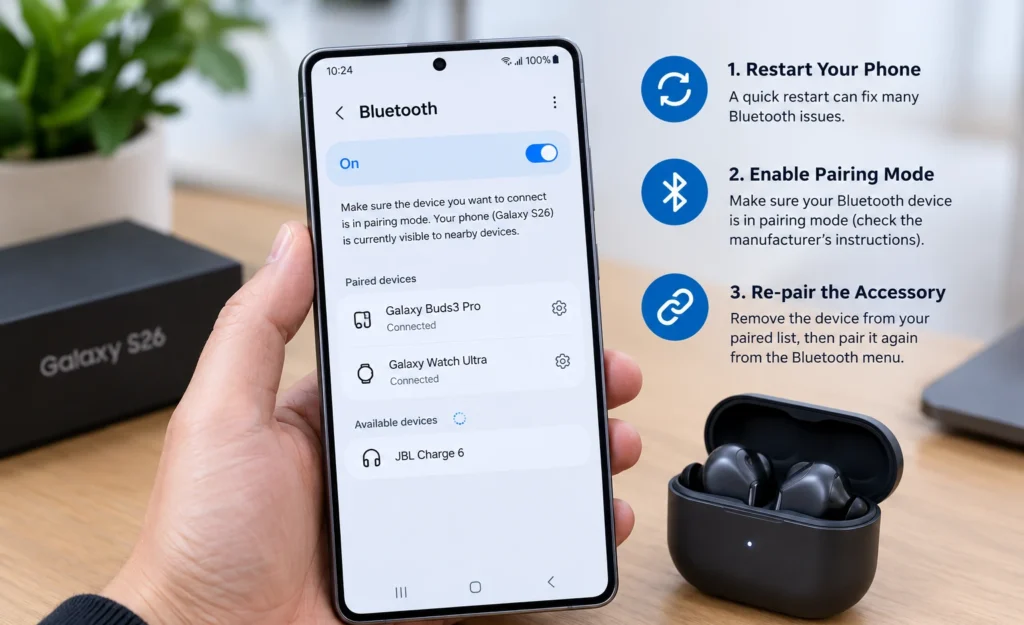 Galaxy S26 Bluetooth pairing problems can often be fixed by restarting your phone, enabling pairing mode, and re-pairing the accessory.