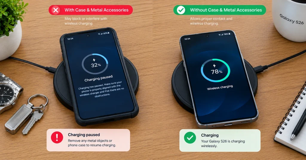 Galaxy S26 wireless charging comparison with and without a case and metal accessories.