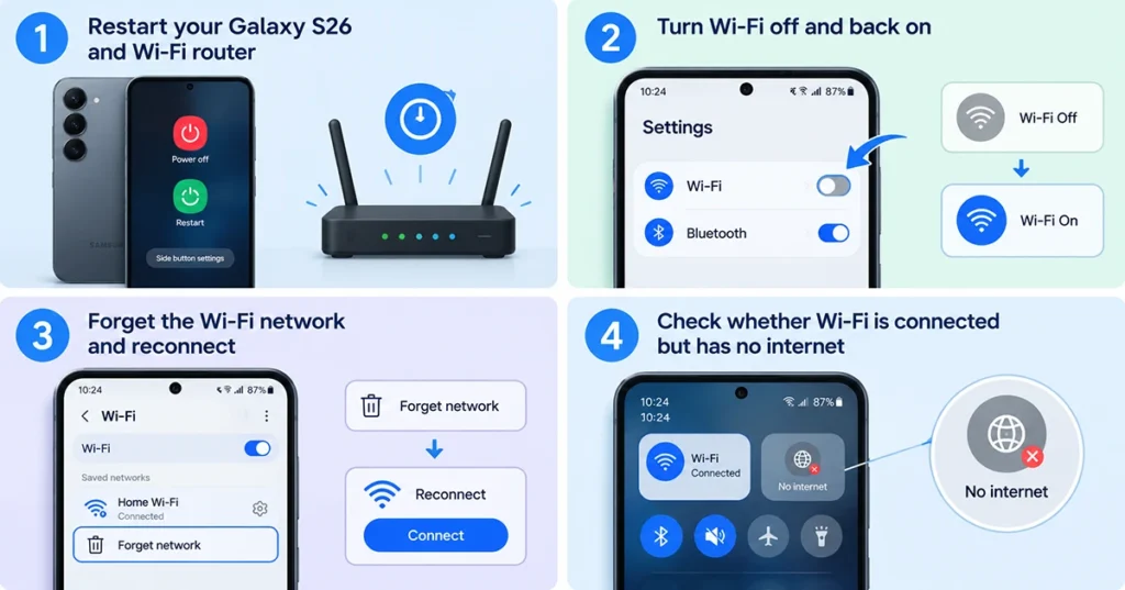 Four Samsung Galaxy S26 Wi-Fi troubleshooting fixes: restart the phone and router, toggle Wi-Fi, forget and reconnect to the network, and check internet access.