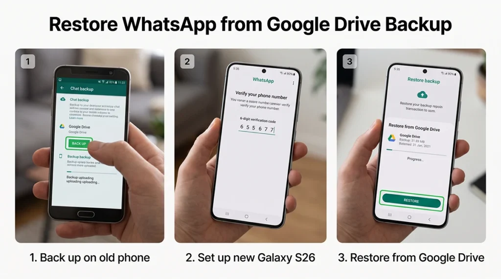 WhatsApp Chat backup screen showing Google Account backup settings on an Android phone.