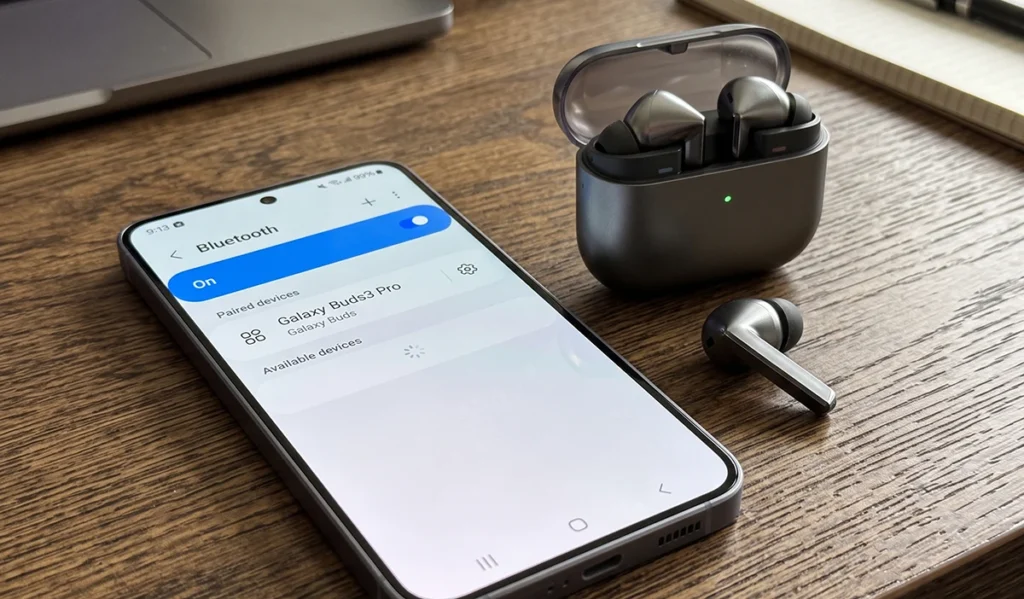 Samsung Galaxy S26 smartphone displaying Bluetooth settings with wireless earbuds nearby
