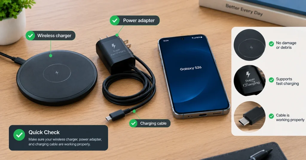Galaxy S26 beside a wireless charging pad, power adapter, and USB-C cable for troubleshooting charging problems.