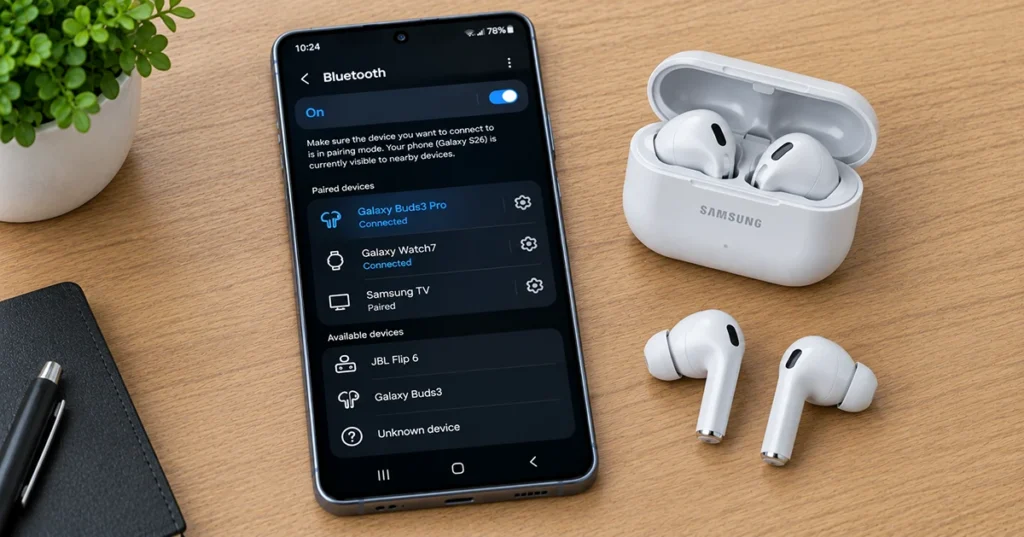 Galaxy S26 Bluetooth settings for pairing wireless devices