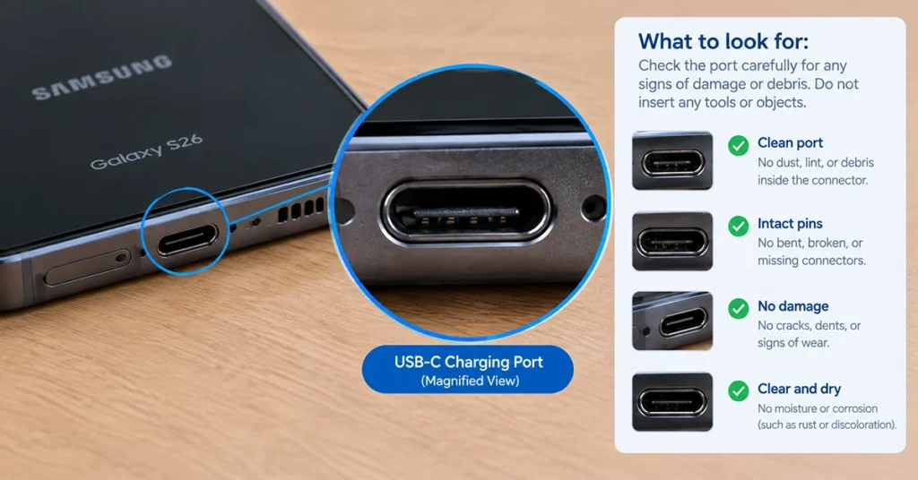 Magnified Samsung Galaxy S26 USB-C charging port showing how to inspect for debris, damage, and moisture.