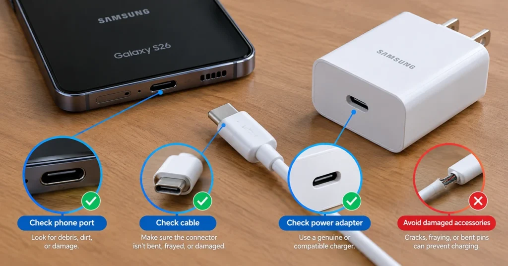 Samsung Galaxy S26 USB-C charging port, cable, and power adapter inspection for charging problems.