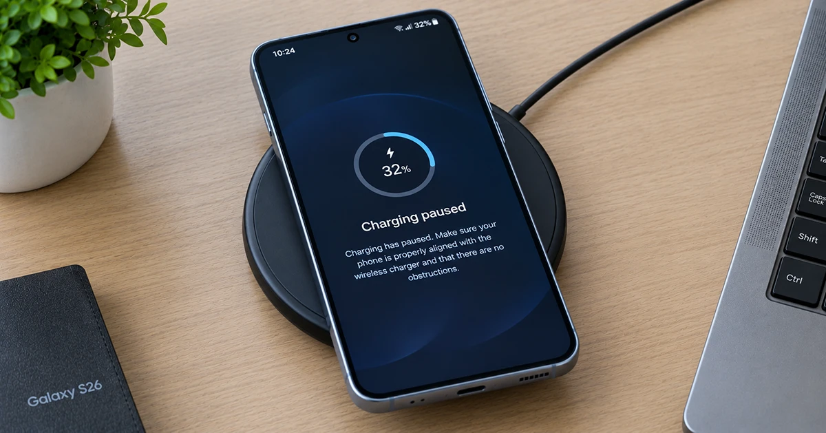 Galaxy S26 on a wireless charging pad showing a charging paused warning.