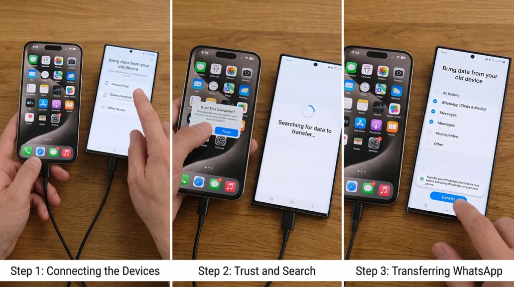 iPhone connected to a Samsung Galaxy S26 with Smart Switch during WhatsApp data migration.