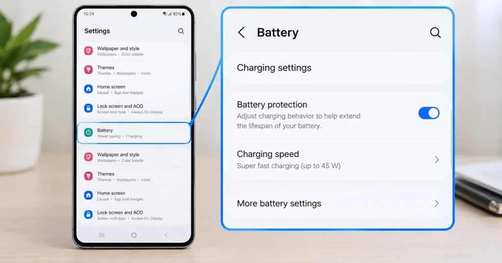 Samsung Galaxy S26 One UI battery settings showing charging speed and battery protection options.