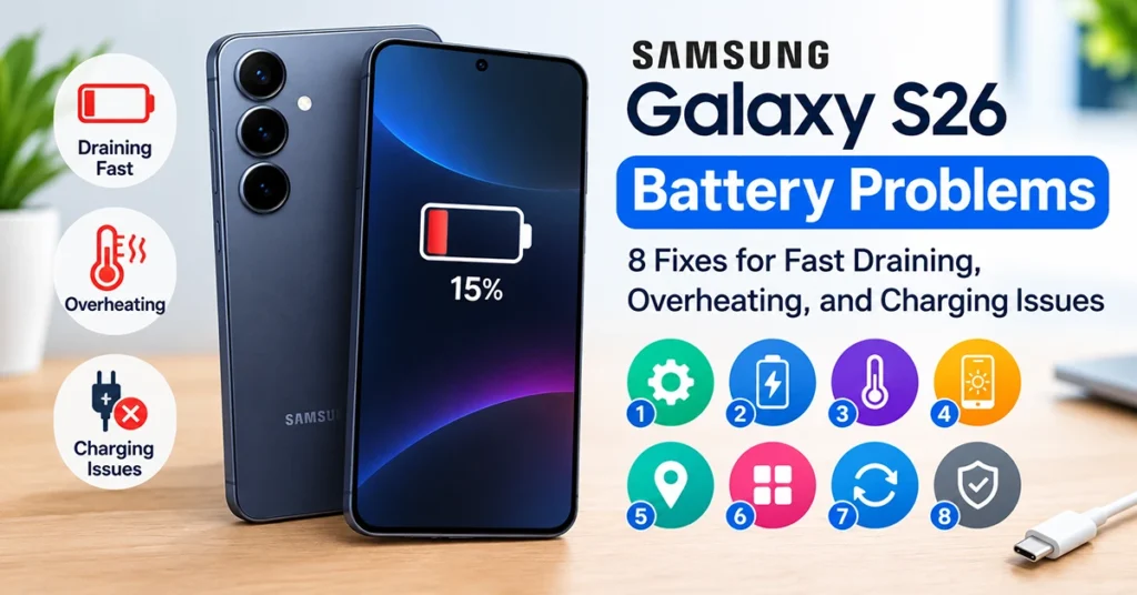 Samsung Galaxy S26 battery problems, including fast battery drain, overheating, and charging issues