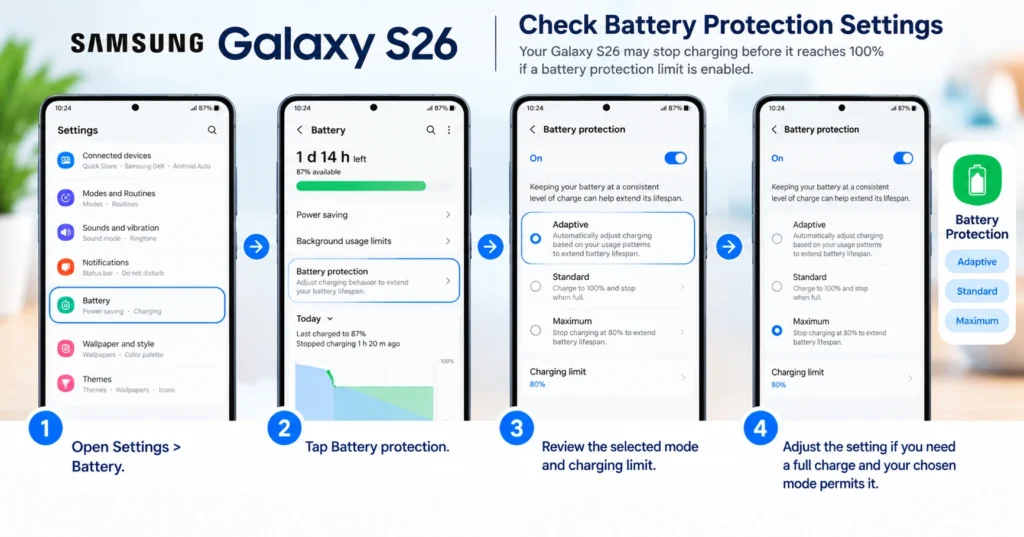 Samsung Galaxy S26 Battery protection settings showing charging modes and battery charging limits.