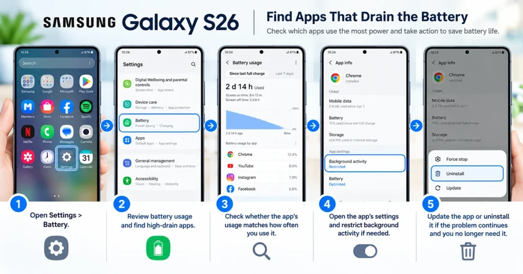 Samsung Galaxy S26 battery usage settings showing how to identify apps that drain battery and restrict background activity.