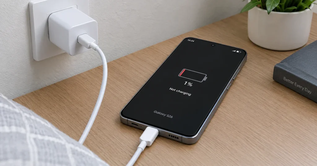 Samsung Galaxy S26 showing a low battery while connected to a USB-C charging cable after a software update