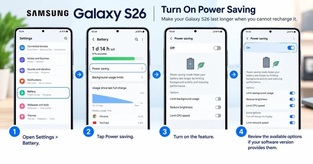 Samsung Galaxy S26 Power saving settings showing how to enable battery-saving mode and review available options.