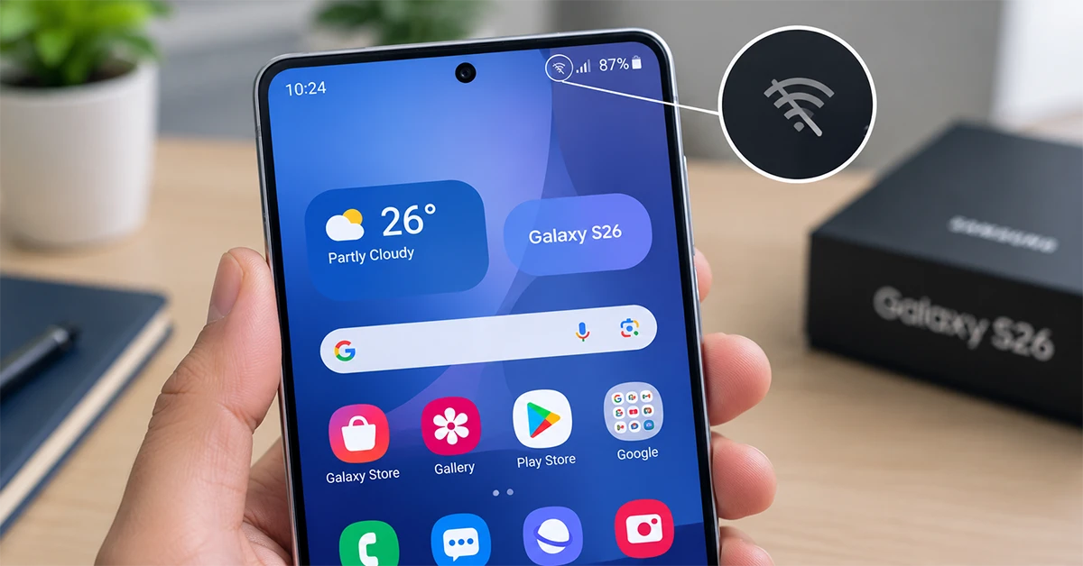 Samsung Galaxy S26 displaying a disconnected Wi-Fi icon, illustrating a Wi-Fi connection problem.