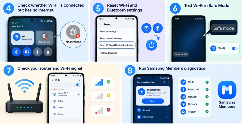 Samsung Galaxy S26 Wi-Fi troubleshooting infographic showing network reset, Safe Mode, router signal checks, and Samsung Members diagnostics.
